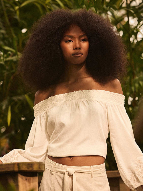 Off-The-Shoulder Linen Bubble Hem Top
