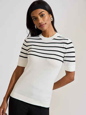 Striped Short-Sleeve Sweater Pearl