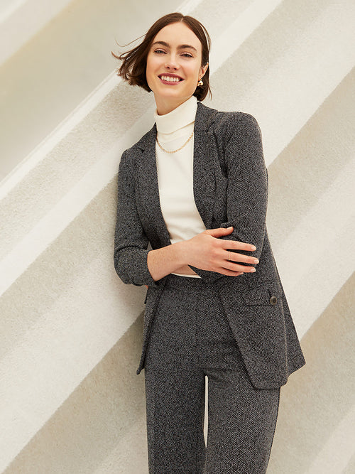 Jacquard Open Blazer With Ruched Sleeves