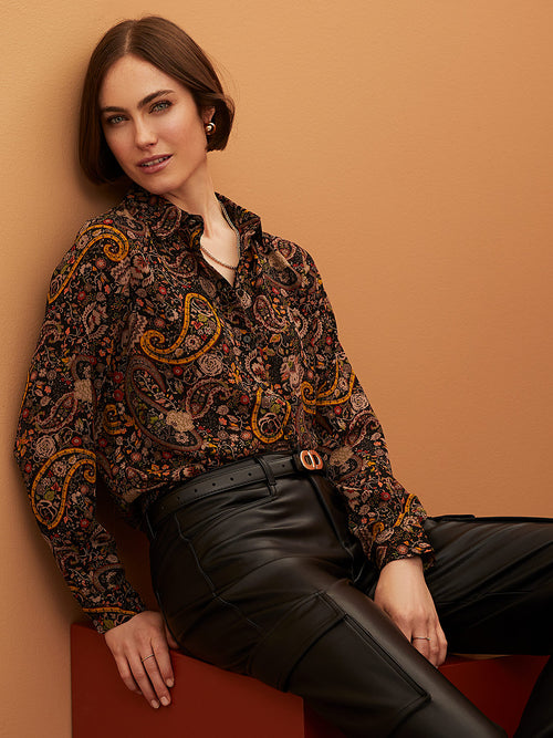 Paisley Print Crepe Button-Front Blouse With Rounded Hem