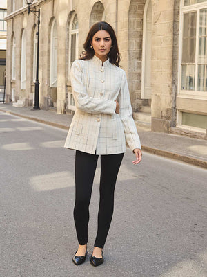 Boucle Button-Front Blazer With Mandarin Collar Pearl