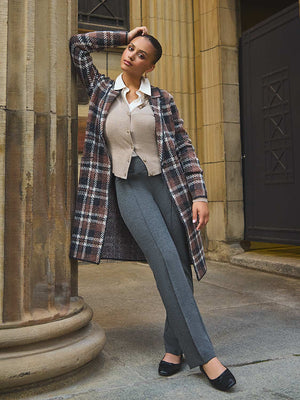 Long cardigan à carreaux à un bouton en jacquard à col cranté Dk Brown