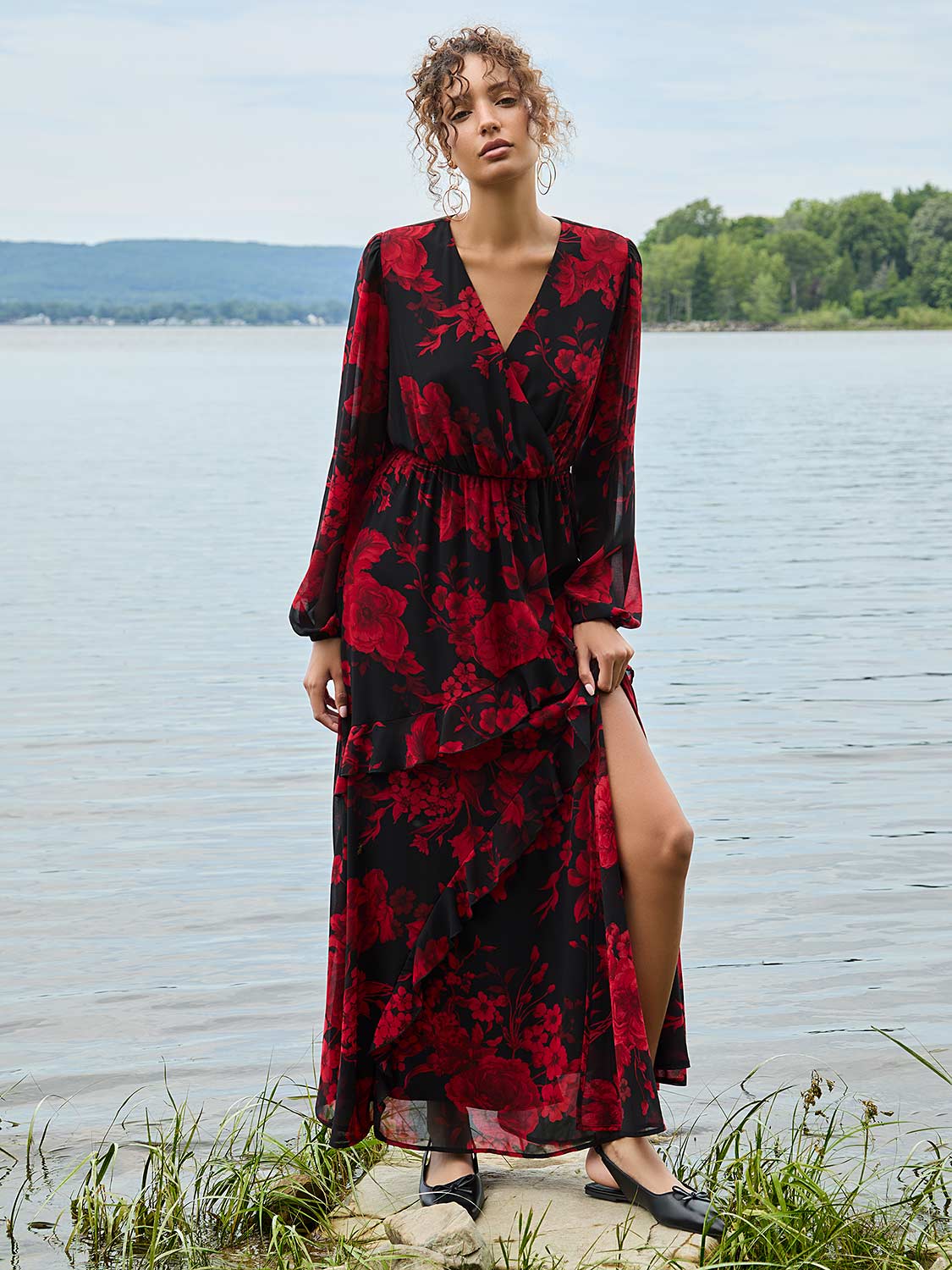 Suzy Chiffon Floral Print Ruffle Skirt Maxi Dress Woman Black X Small