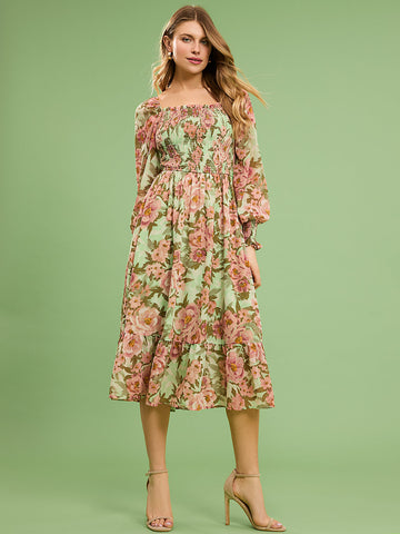 V Neck Long Dress Chiffon Floral Ruffle Maxi Dress - Cherieday