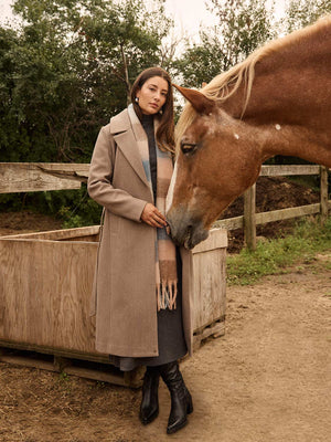 Long Wrap Coat With Faux Fur Collar Fawn