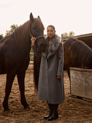 Long Wrap Coat With Faux Fur Collar Grey