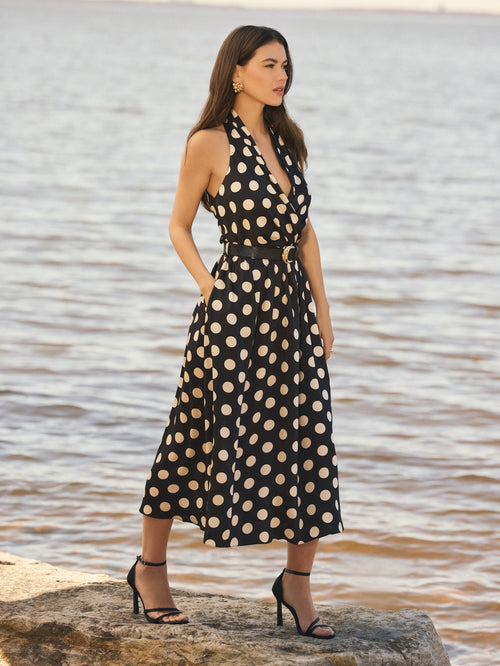 Satin Dot Print Halter A-Line Dress