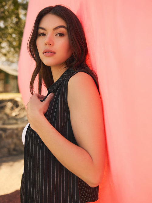 Sleeveless Pinstripe Johnny Collar Top