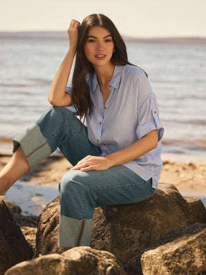 Jean court à jambe droite et revers Md Denim Blasted