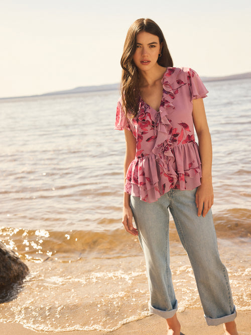 Floral Flutter Sleeve Tie-Front Blouse