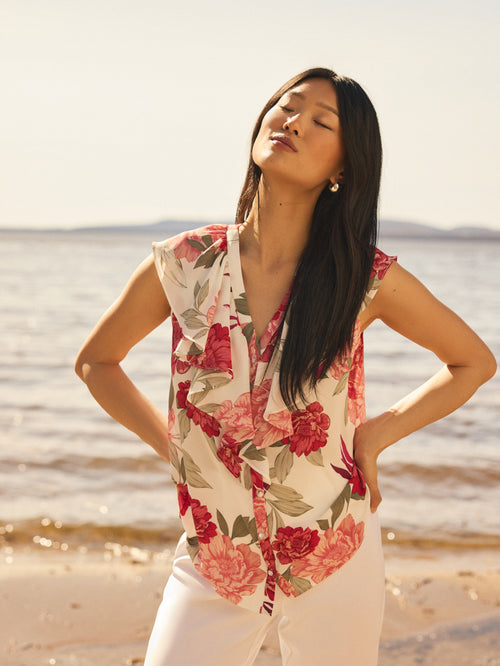 Sleeveless Floral Ruffle Button-Front Blouse
