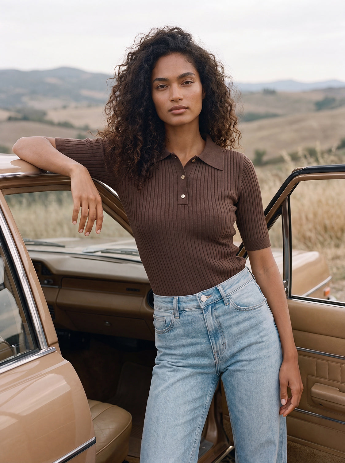 Mocka Mix Ribbed Polo Collar Knit Sweater - Full Body View - Suzy Shier