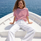 Jester Red Stripe Cotton Crew Neck Tee - Woman Wearing Loose-Fit Striped Top - Suzy Shier