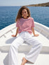 Jester Red Stripe Cotton Crew Neck Tee - Woman Wearing Loose-Fit Striped Top - Suzy Shier