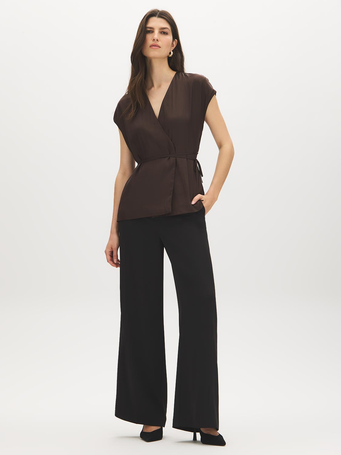 Coffee Bean Kimono Wrap Blouse with Waist Tie - Front View - Suzy Shier