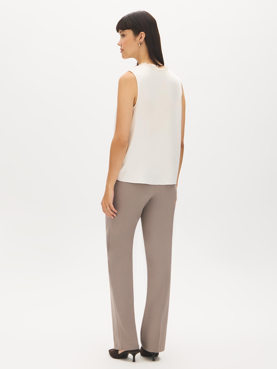 Winter White Sleeveless V-Neck Shell with Lace Trim - Back View - Suzy Shier