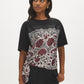 Jet Black Scarf Print Jersey Top - Woman Wearing Satin Front Knot Detail Shirt - Suzy Shier