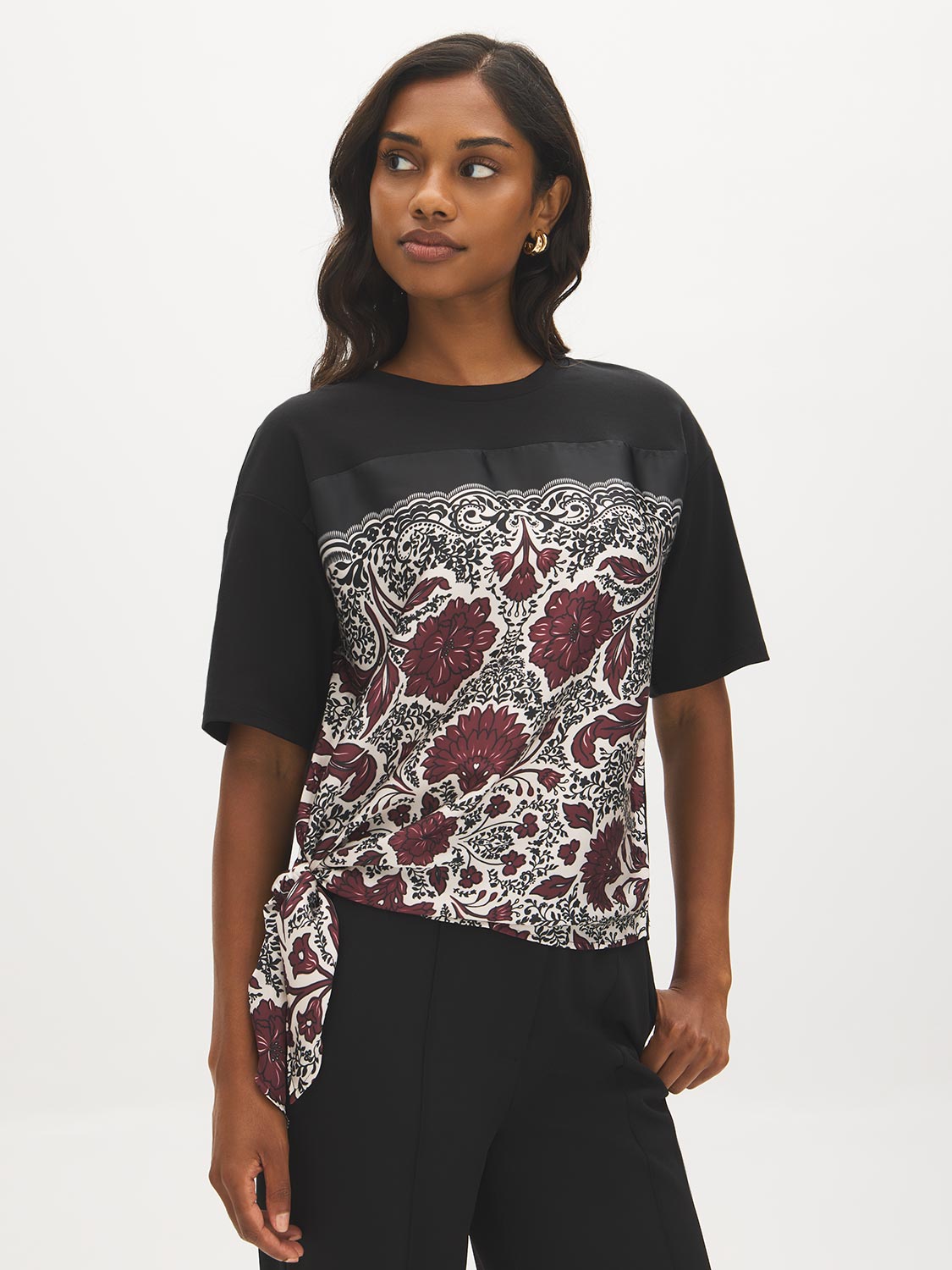 Jet Black Scarf Print Jersey Top - Woman Wearing Satin Front Knot Detail Shirt - Suzy Shier