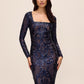 Midnight Blue Square Neck Sequin Midi Dress - Full Front View - Le Chateau