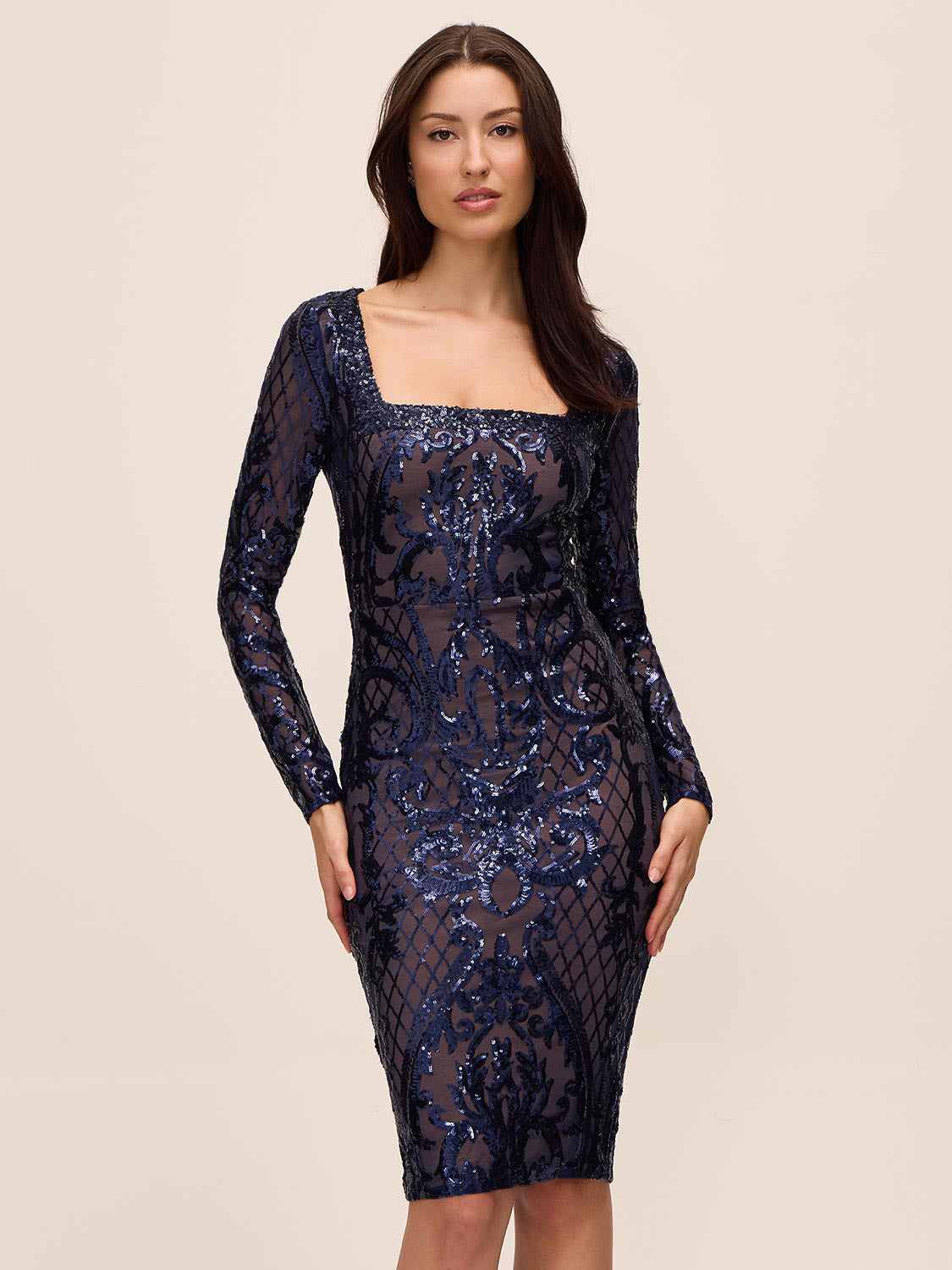 Midnight Blue Square Neck Sequin Midi Dress - Full Front View - Le Chateau