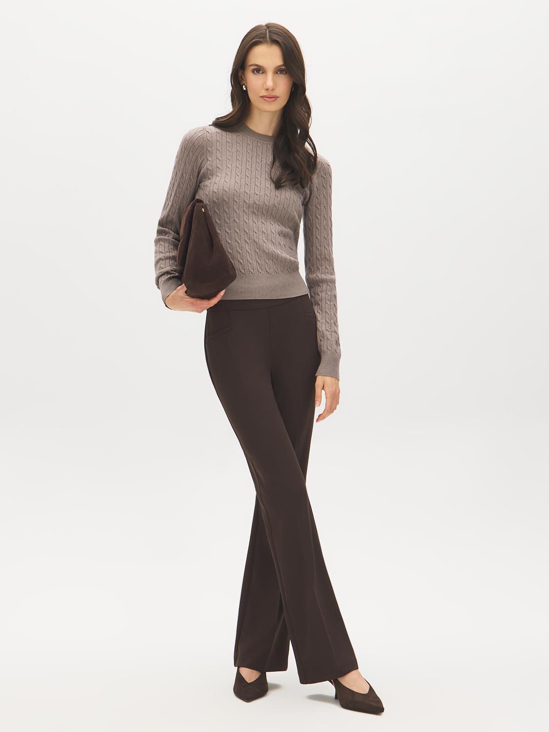 Coffee Fit & Flare Pull-On Knit Pants - Woman Wearing Wide Waistband Trousers - Suzy Shier