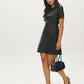 Jet Black Mini Faux Leather Dress with Belted Waist - Side Profile View - Suzy Shier