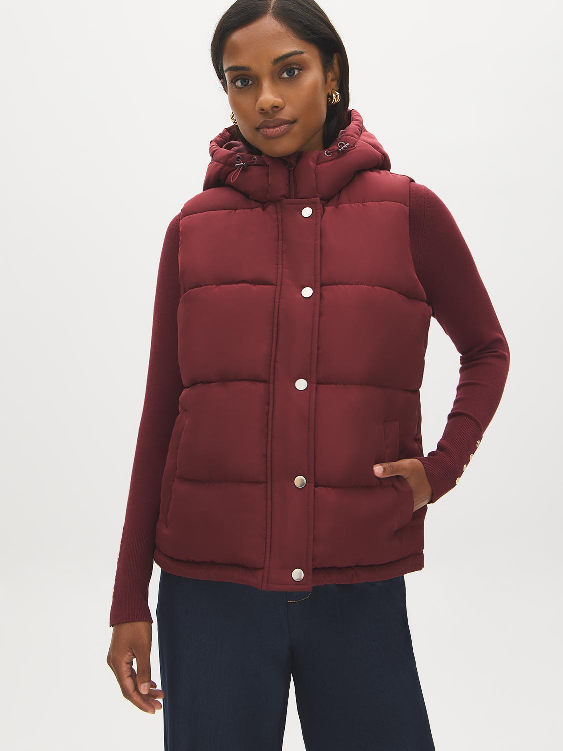 Red Quilted Puffer Vest with Hood - Front View - Suzy Shier