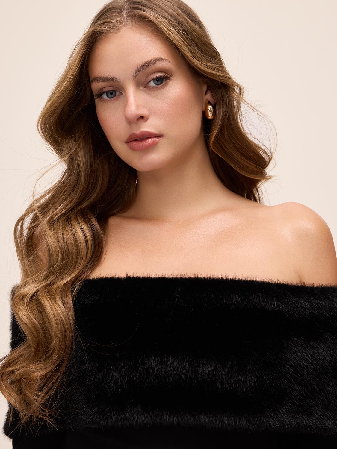 Black Off-Shoulder Knit Crepe Midi Dress with Fur Band - Close-up Fur Detail - Le Chateau