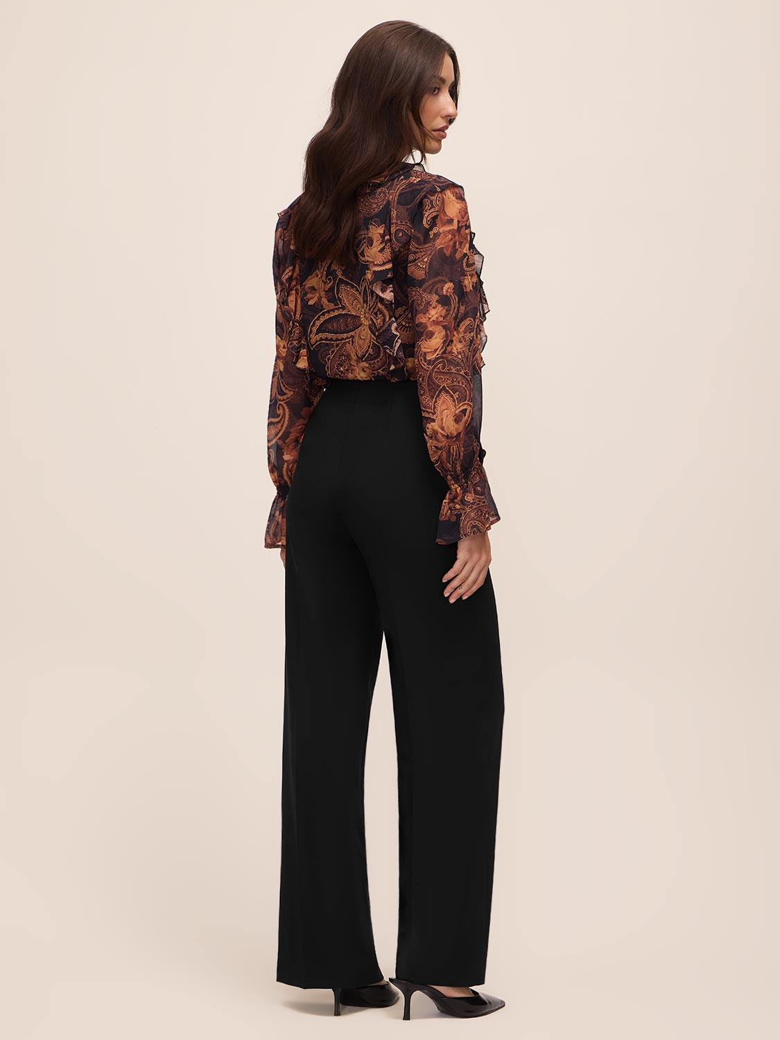 Black Wide Leg Woven Pants with Side Button Detail - Back View - Le Chateau