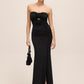 Black Strapless Gown with Rosette Trim - Woman Wearing Elegant Evening Dress with Side Slit - Le Chateau