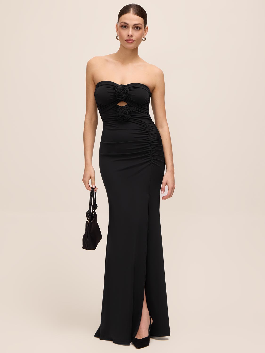 Black Strapless Gown with Rosette Trim - Woman Wearing Elegant Evening Dress with Side Slit - Le Chateau