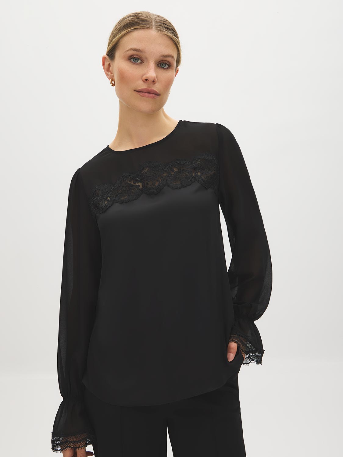 Black Lace Detail Chiffon and Satin-Like Blouse - Woman Wearing Elegant Long Sleeve Top - Suzy Shier