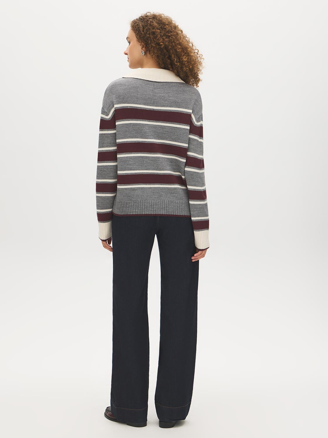Brown/Burgundy/Dove Striped Polo Collar Knit Sweater - Back View - Suzy Shier