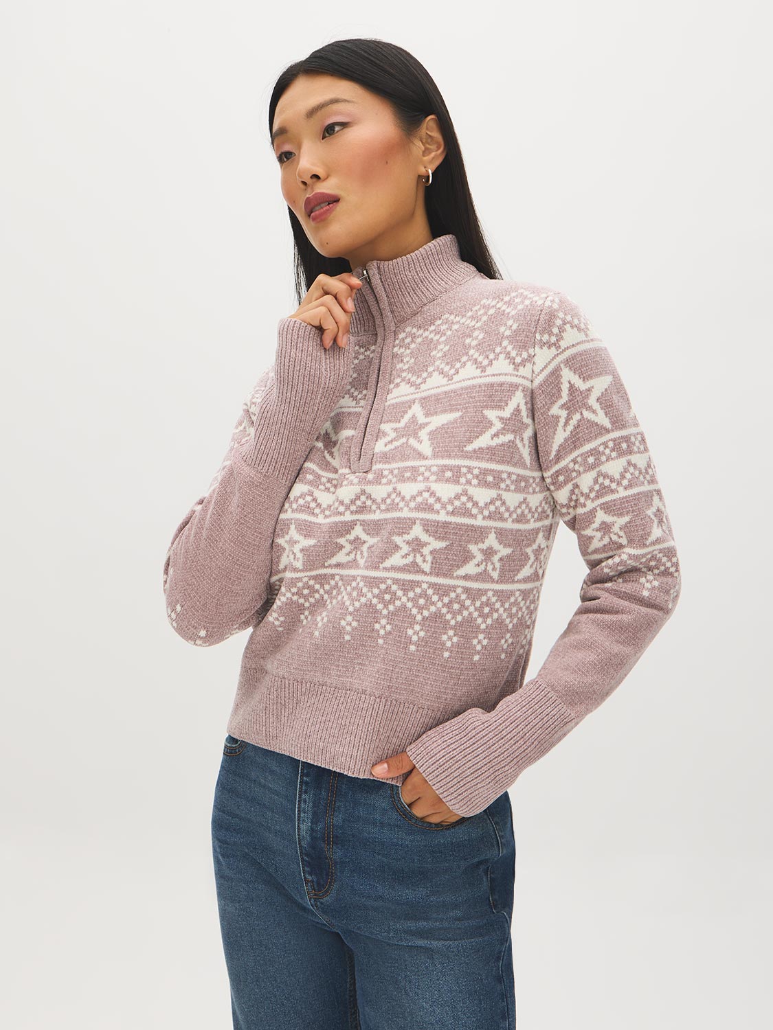 Faded Lilac Chenille Fair Isle Quarter Zip Sweater - Woman Wearing Cozy Knit Top - Suzy Shier