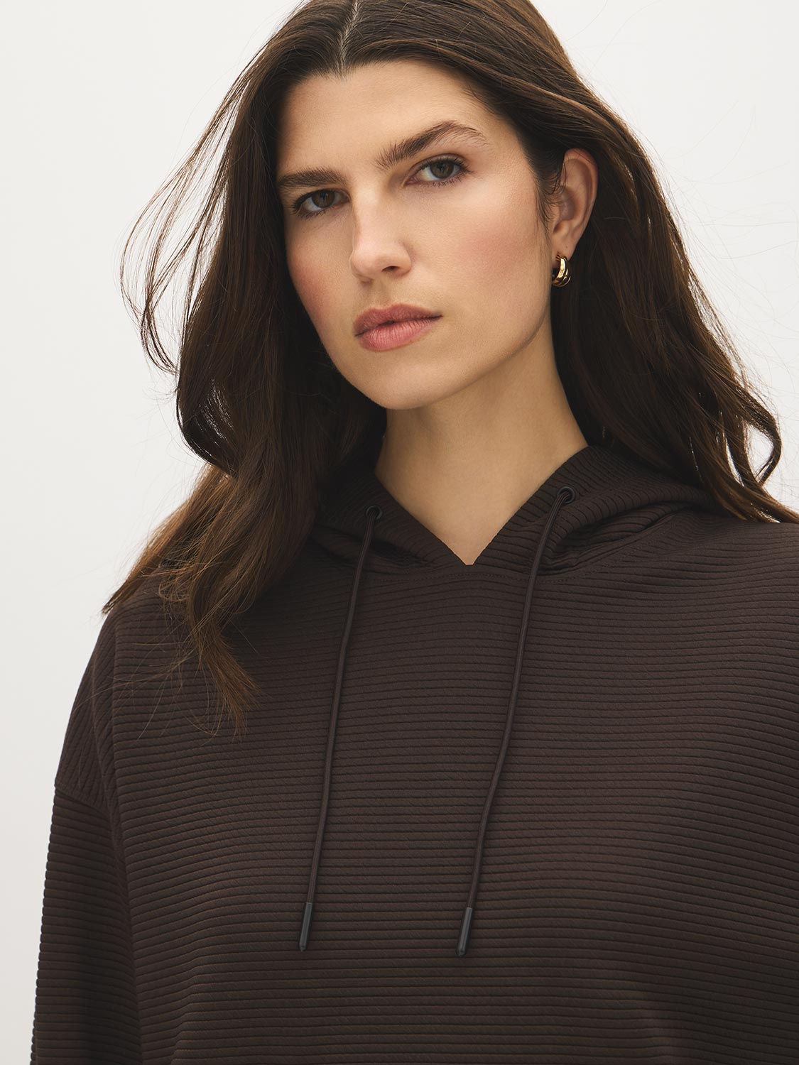 Dk Brown Ottoman Rib Hoodie with Kangaroo Pocket - Close-up Fabric Detail - Suzy Shier