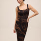 Toffee and Black Ruched Floral Print Midi Dress - Front View - Le Chateau