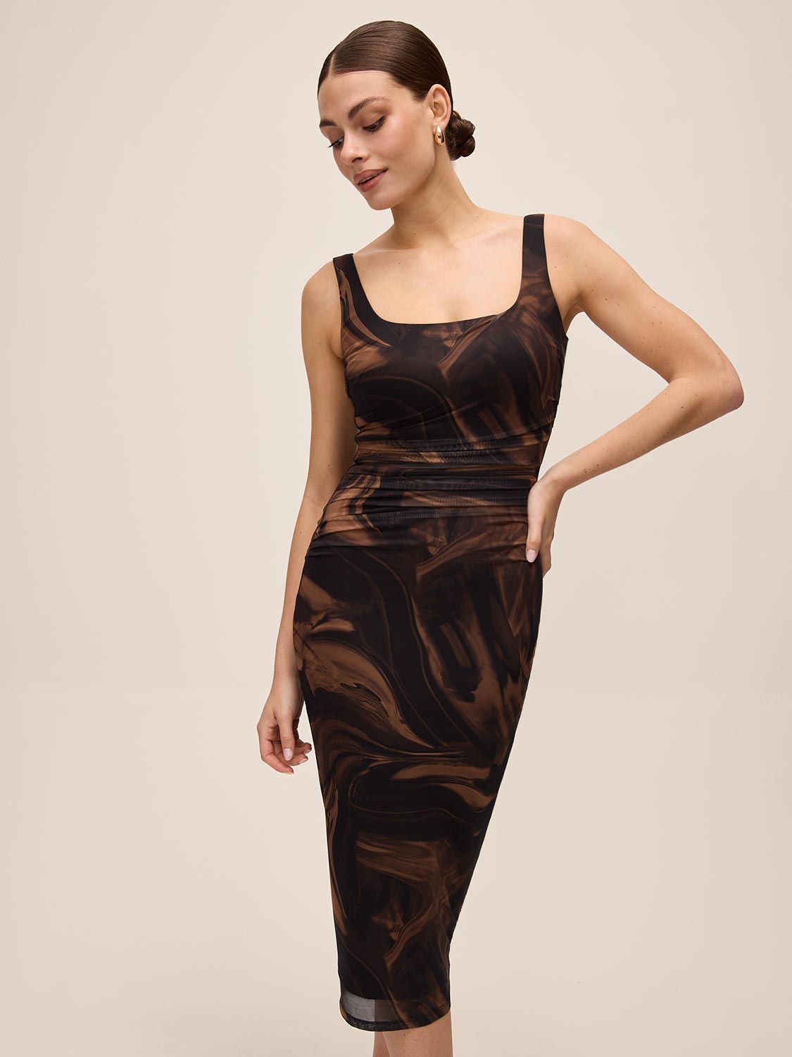 Toffee and Black Ruched Floral Print Midi Dress - Front View - Le Chateau
