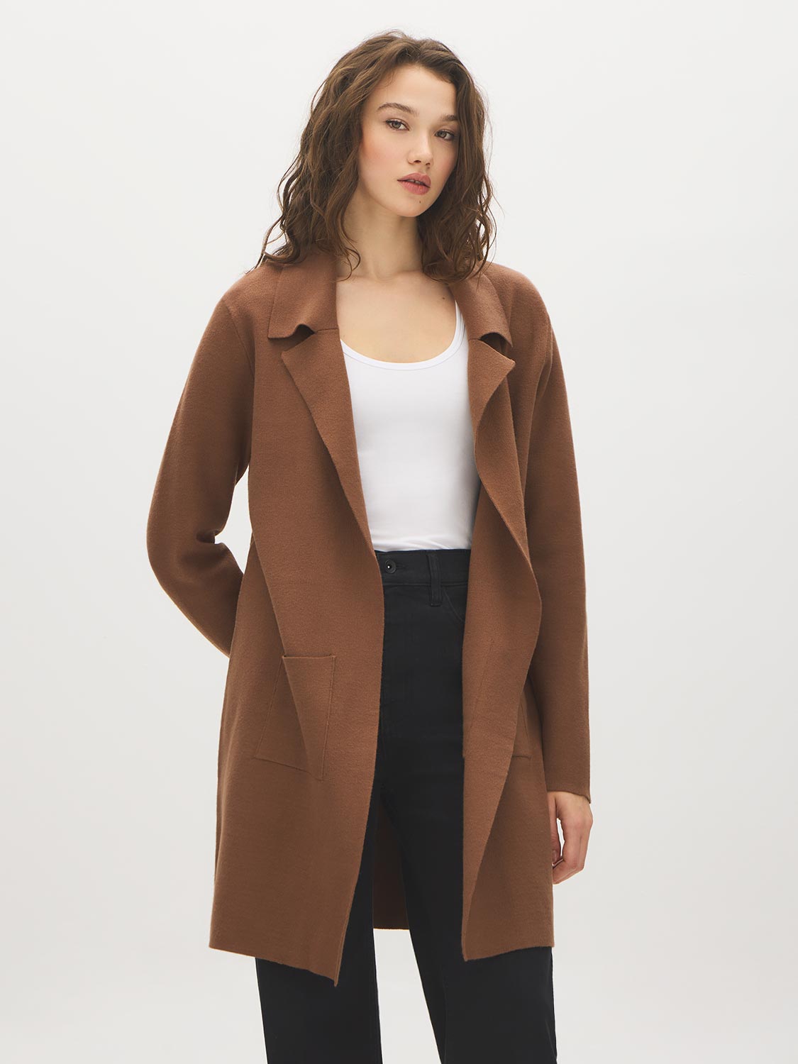 Bison Notch Collar Coatigan with Patch Pockets - Woman Wearing Open-Front Knit Sweater - Suzy Shier