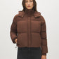 Brown Short Puffer Jacket with Hood - Woman Wearing Hooded Outerwear - Suzy Shier