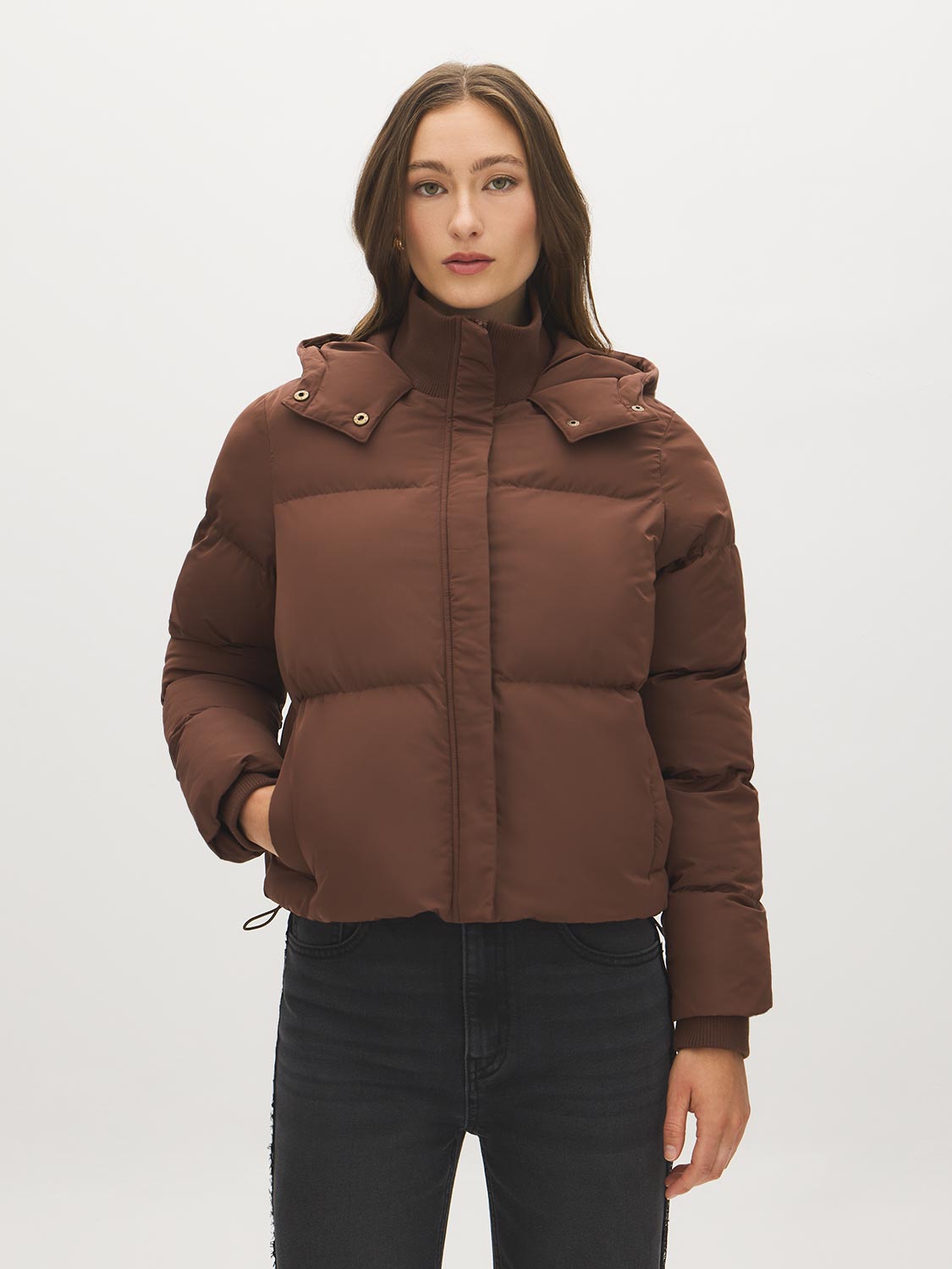 Brown Short Puffer Jacket with Hood - Woman Wearing Hooded Outerwear - Suzy Shier