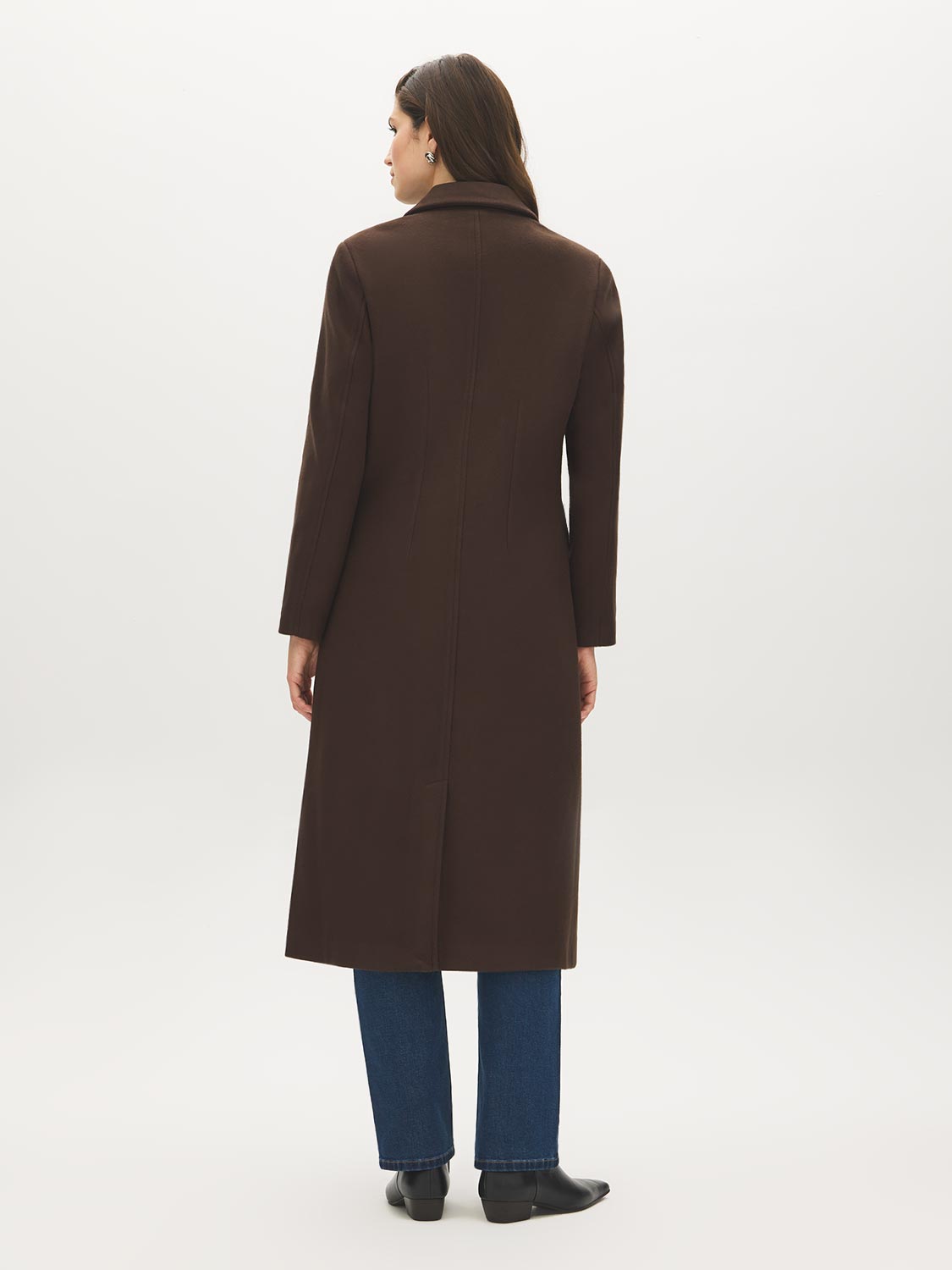 Brown Single-Breasted Wool Blend Long Coat - Back View - Suzy Shier