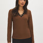 Bison V-Neck Top with Chiffon Sleeves and Lace Trim - Woman Wearing Elegant Knit Blouse - Suzy Shier