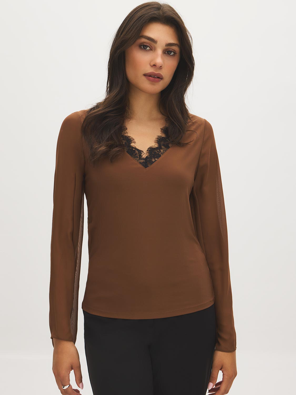 Bison V-Neck Top with Chiffon Sleeves and Lace Trim - Woman Wearing Elegant Knit Blouse - Suzy Shier