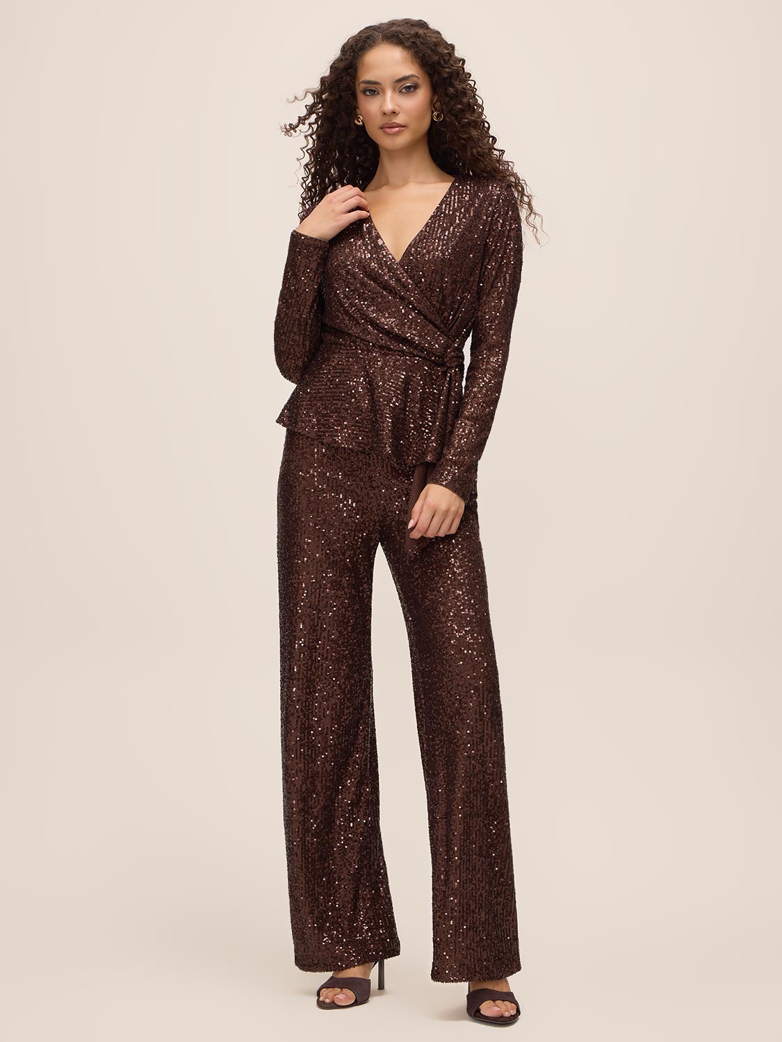 Espresso Sequin Wide-Leg Pant - Shimmering Evening Trousers - Le Chateau
