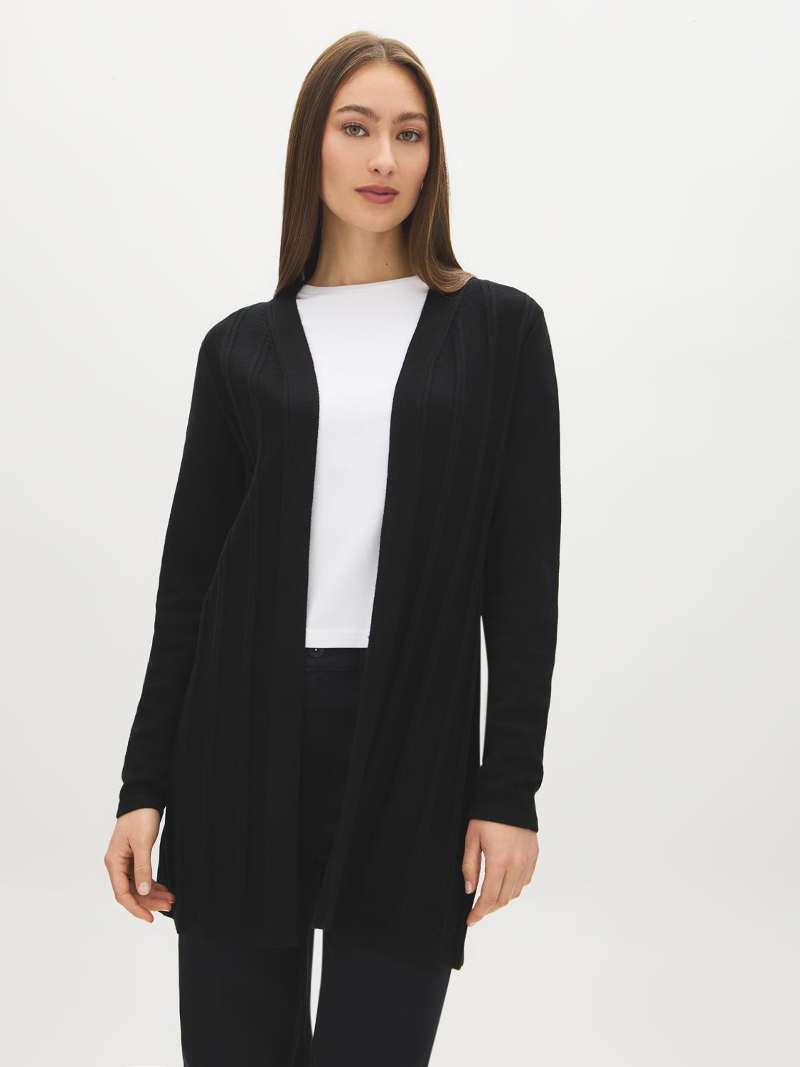 Black Ribbed Knit Duster Sweater - Woman Wearing Long Open-Front Cardigan - Suzy Shier