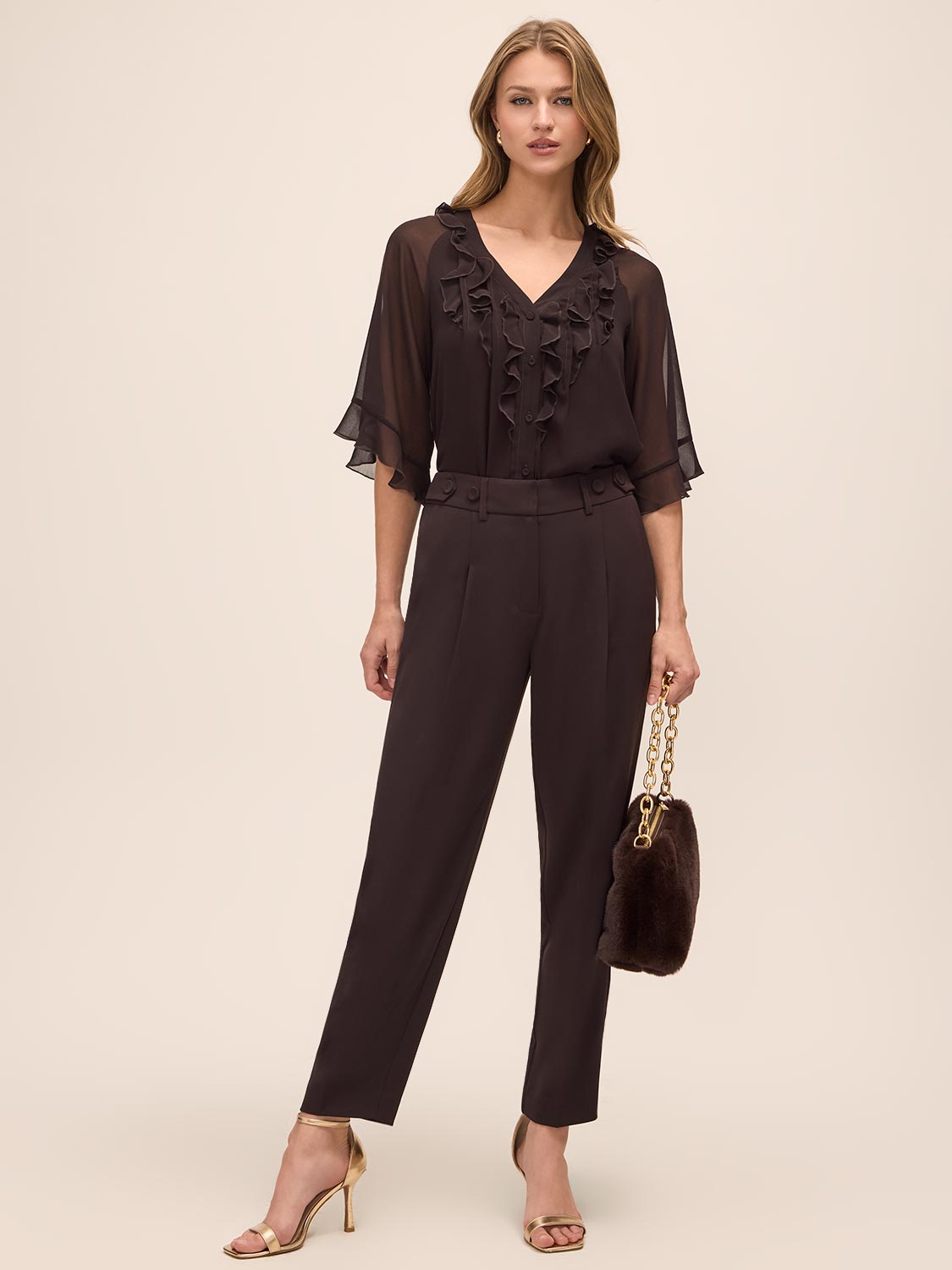Chestnut Side Tab Pleated Slim Pant - Woman Wearing Tailored Woven Trousers - Le Chateau