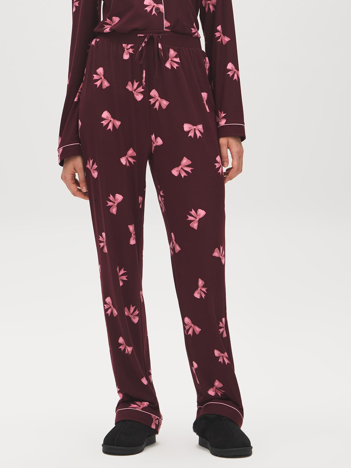Burgundy Bows Print Pajama Set - Pants Detail - Suzy Shier