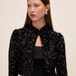 Black and Antique Cream Sequin Bolero with Puffy Sleeves - Front View - Le Chateau