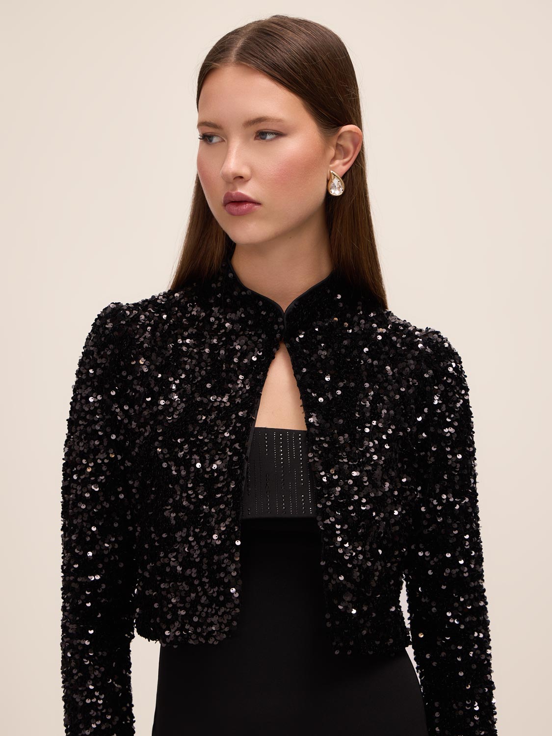 Black and Antique Cream Sequin Bolero with Puffy Sleeves - Front View - Le Chateau
