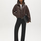 Brown Vegan Leather Bomber Jacket with Funnel Neck - Front View - Suzy Shier